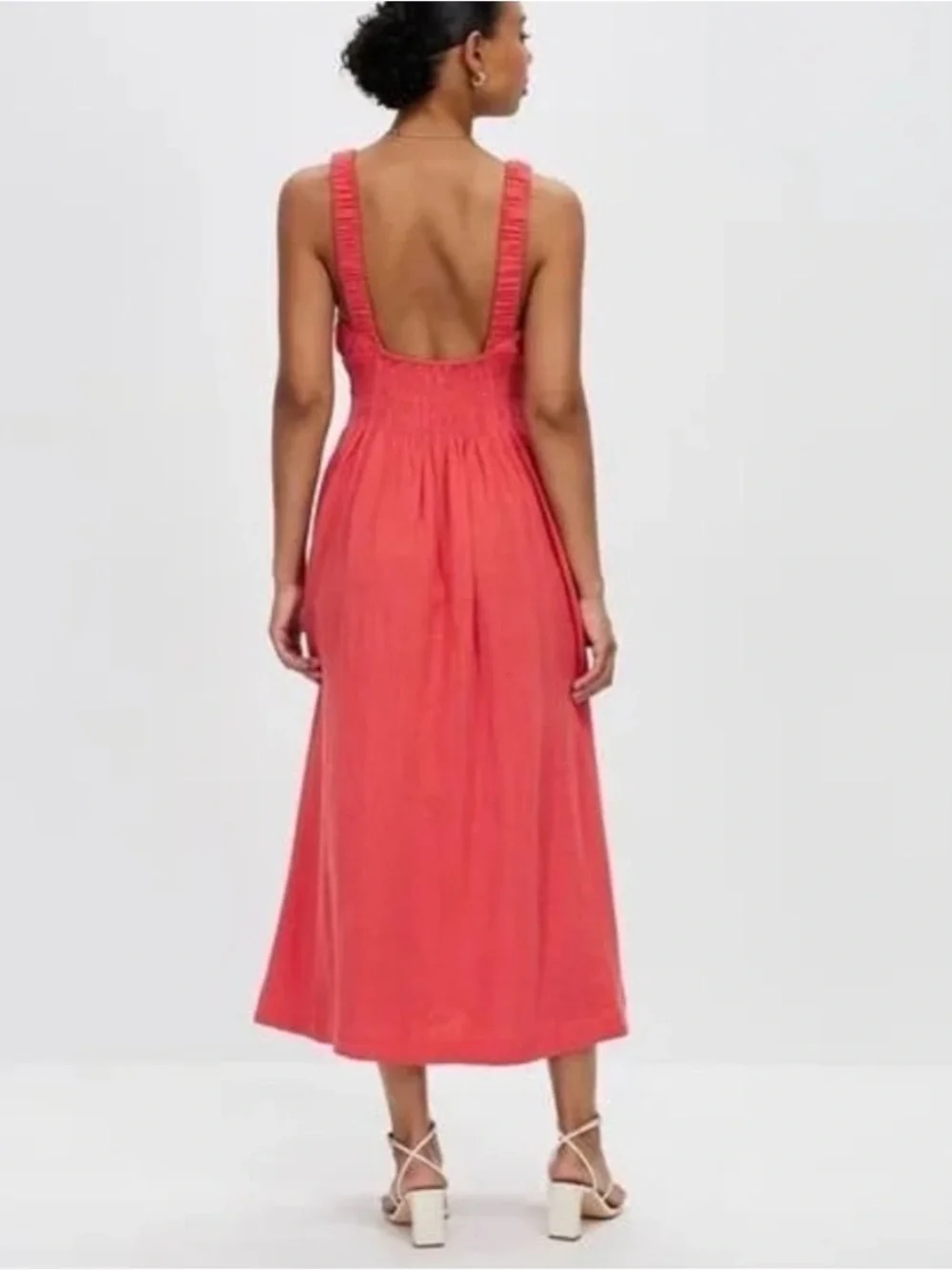 NWT Abercrombie Boho Summer Coral Smocked Linen Scrunchie Strap Maxi Dress XS
